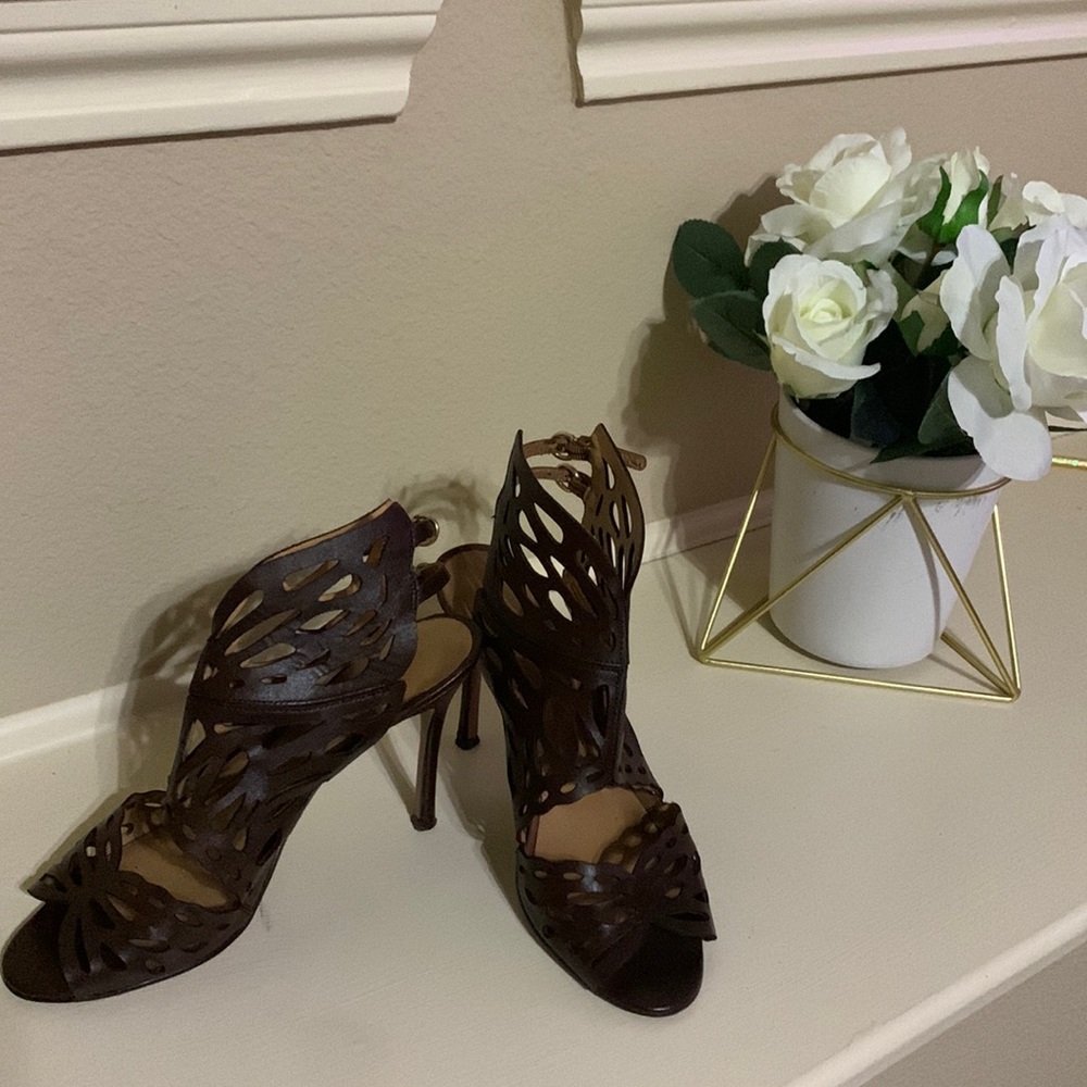 Nine West Brown Leather Strappy Butterfly Heels Size 7.5